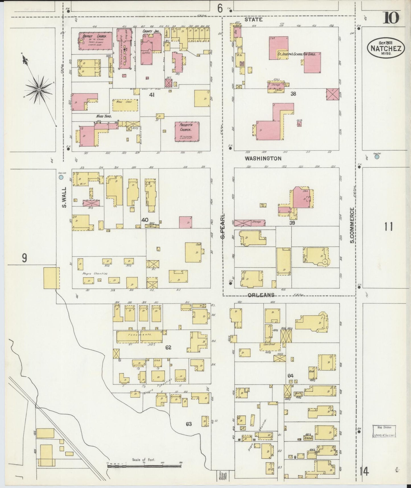 Sanborn Fire Insurance Map from Natchez, Adams County, Mississippi (1901), Sheet #0010 - Historic Sanborn Fire Insurance Map Print, vintage old map wall art, antique decor, genealogy gift, Mississippi Mississippi map