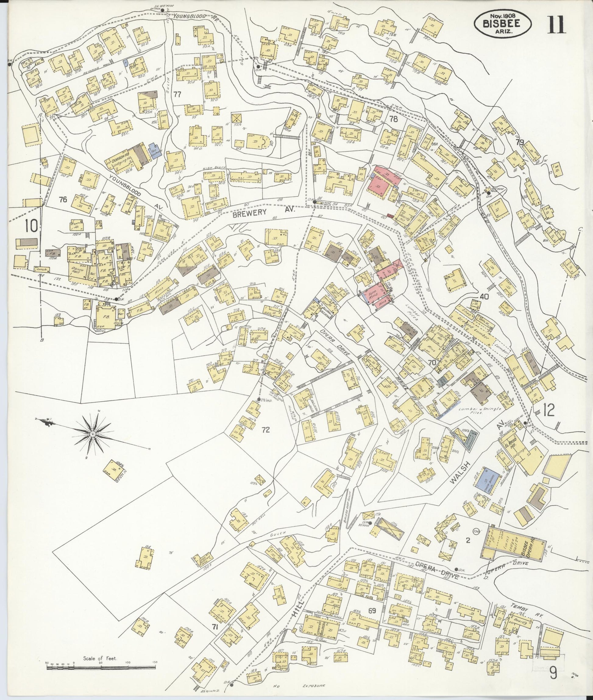 Sanborn Fire Insurance Map from Bisbee, Cochise County, Arizona (1908), Sheet #0011 - Complete Map Set gallery image, historic Sanborn map, vintage wall art, Arizona Arizona