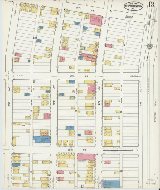 Sanborn Fire Insurance Map from New Kensington, Westmoreland County, Pennsylvania (1921), Sheet #0013 - Historic Sanborn Fire Insurance Map Print, vintage old map wall art, antique decor, genealogy gift, Pennsylvania Pennsylvania map
