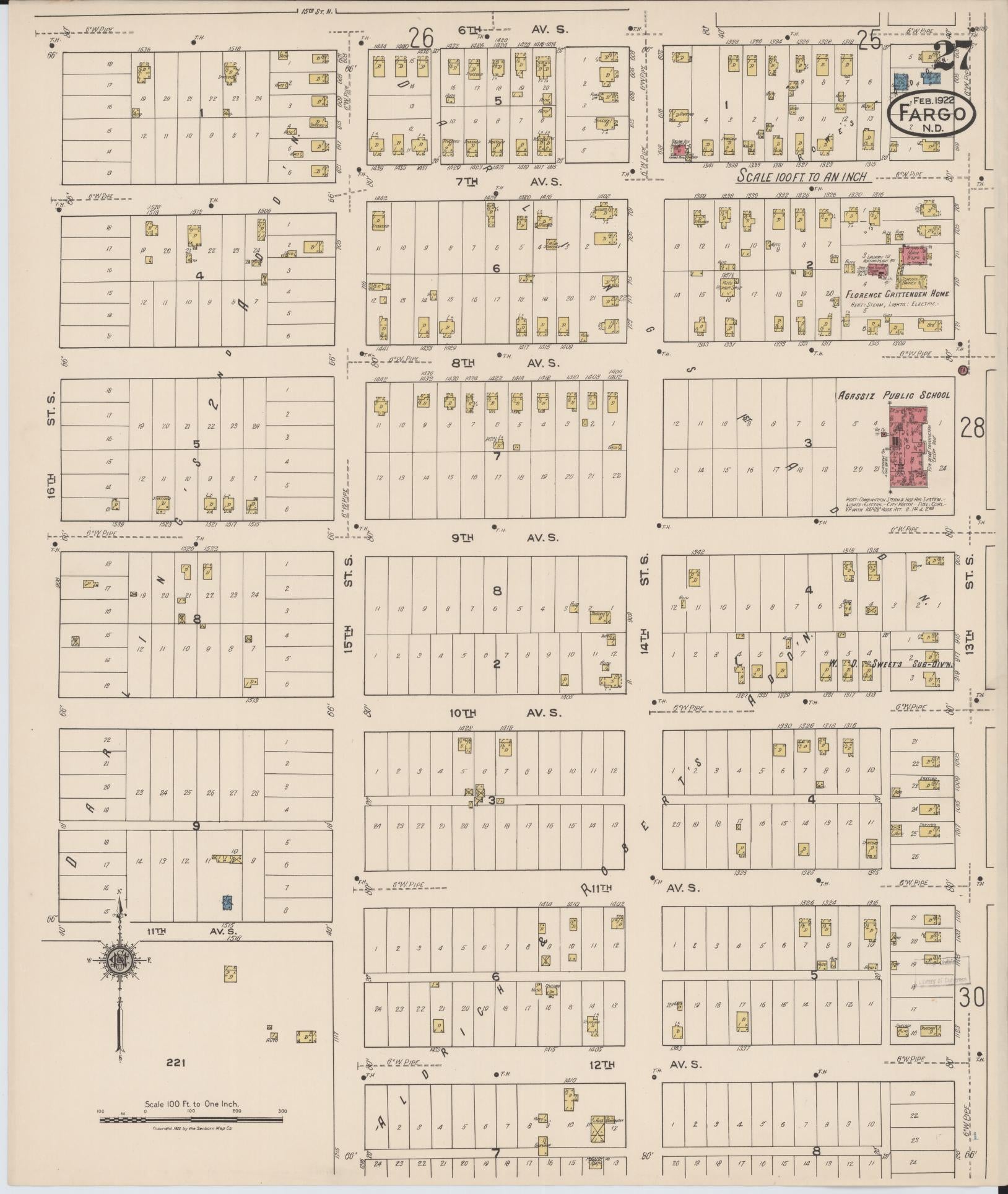 Sanborn Fire Insurance Map from Fargo, Cass County, North Dakota (1922), Sheet #0027 - Historic Sanborn Fire Insurance Map Print, vintage old map wall art, antique decor, genealogy gift, North Dakota North Dakota map