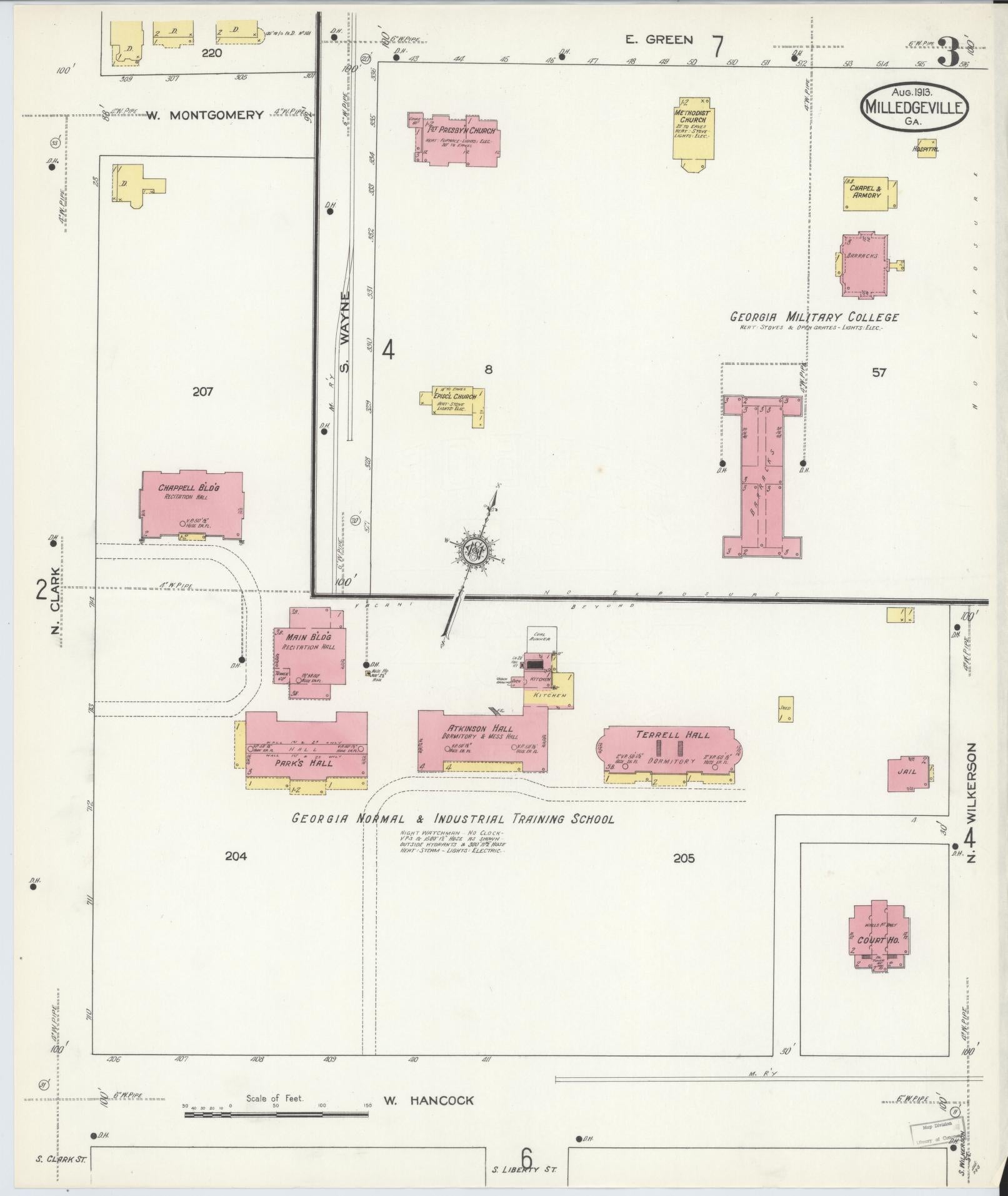 Sanborn Fire Insurance Map from Milledgeville, Baldwin County, Georgia (1913), Sheet #0003 - Historic Sanborn Fire Insurance Map Print, vintage old map wall art, antique decor, genealogy gift, Georgia Georgia map