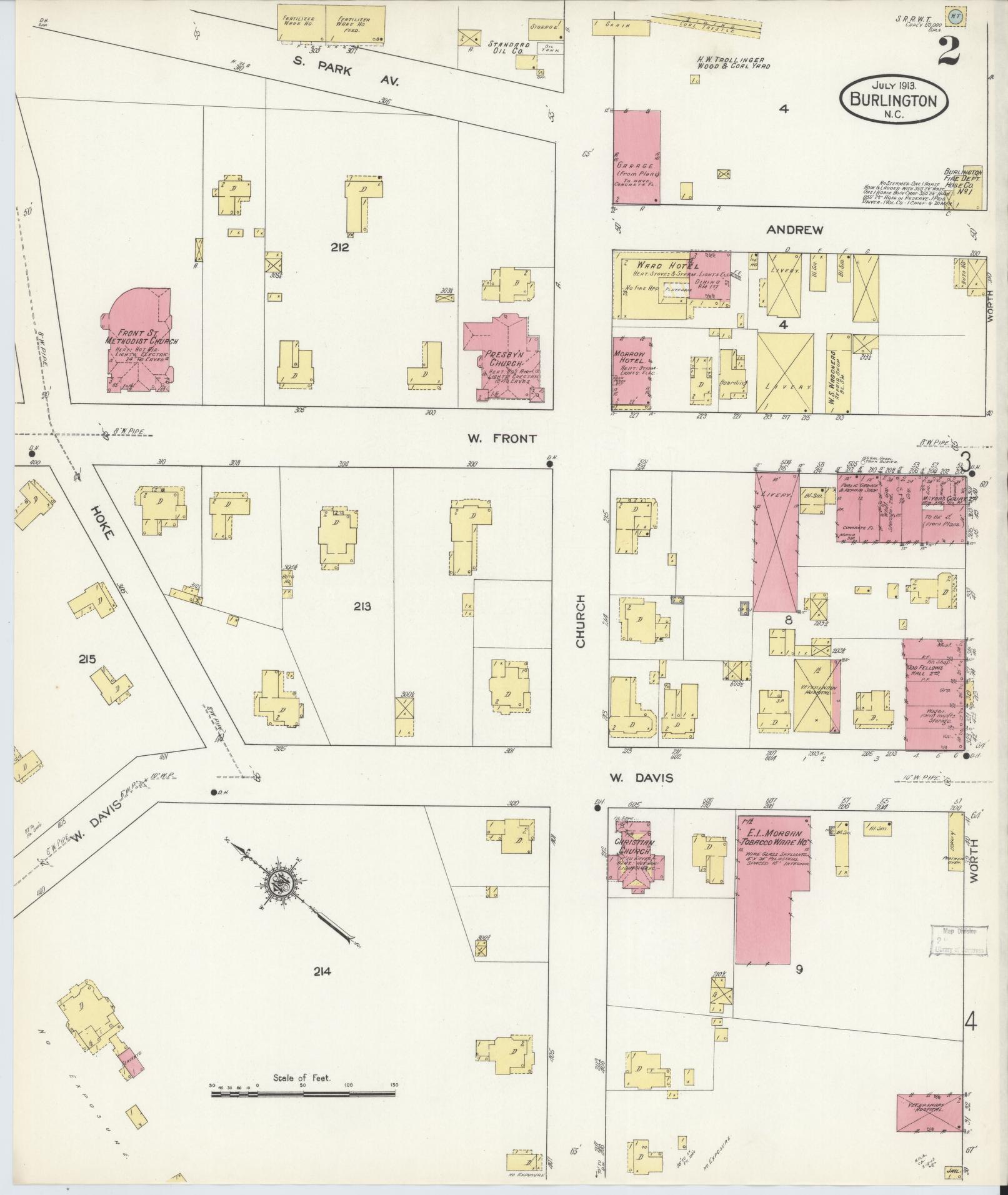 Sanborn Fire Insurance Map from Burlington, Alamance County, North Carolina (1913), Sheet #0002 - Historic Sanborn Fire Insurance Map Print, vintage old map wall art, antique decor, genealogy gift, North Carolina North Carolina map