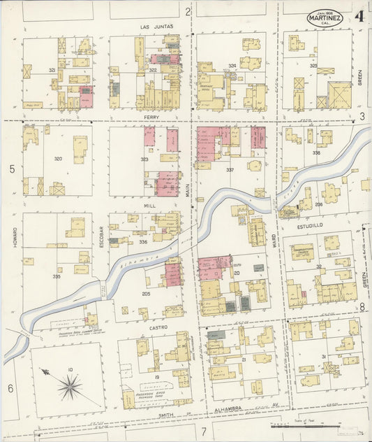Sanborn Fire Insurance Map from Martinez, Contra Costa County, California (1908), Sheet #0004 - Historic Sanborn Fire Insurance Map Print, vintage old map wall art, antique decor, genealogy gift, California California map