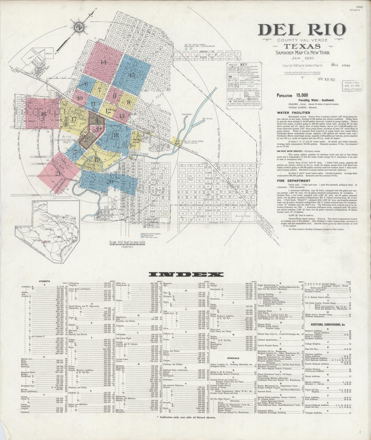 Sanborn Fire Insurance Map from Del Rio, Val Verde County, Texas (1930), Sheet #0001 - Historic Sanborn Fire Insurance Map Print, vintage old map wall art, antique decor, genealogy gift, Texas Texas map