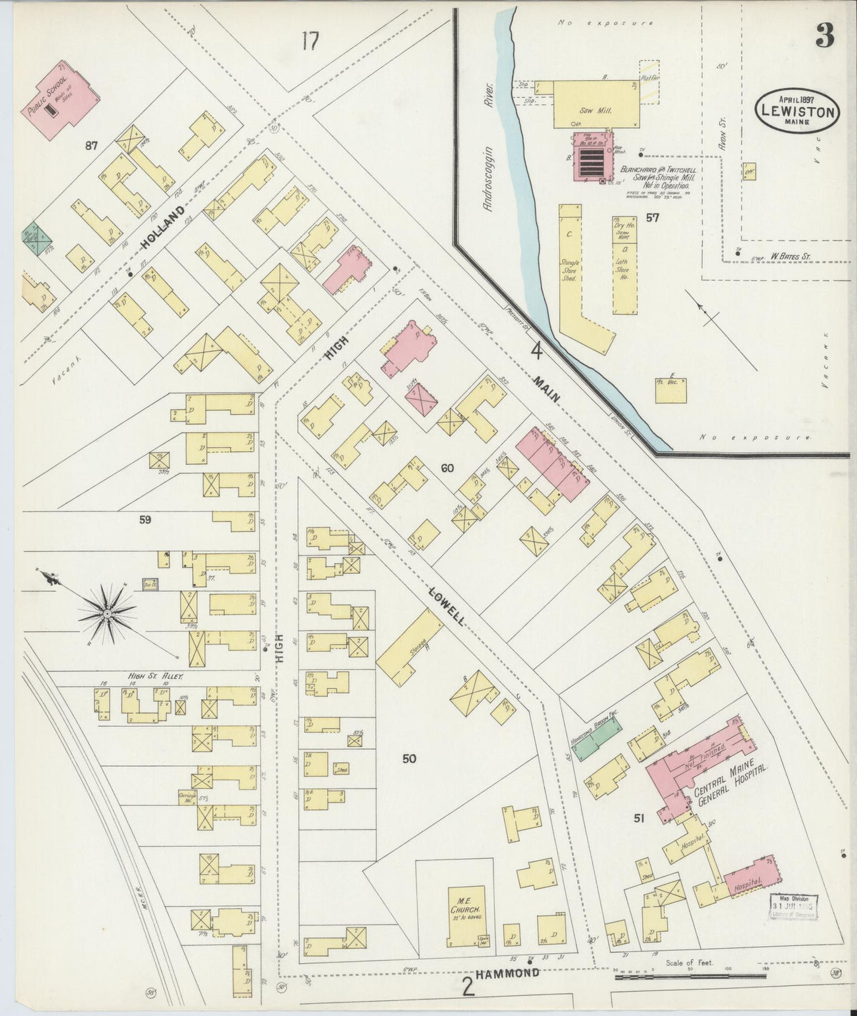 Sanborn Fire Insurance Map from Lewiston, Androscoggin County, Maine (1897), Sheet #0003 - Complete Map Set gallery image, historic Sanborn map, vintage wall art, Maine Maine