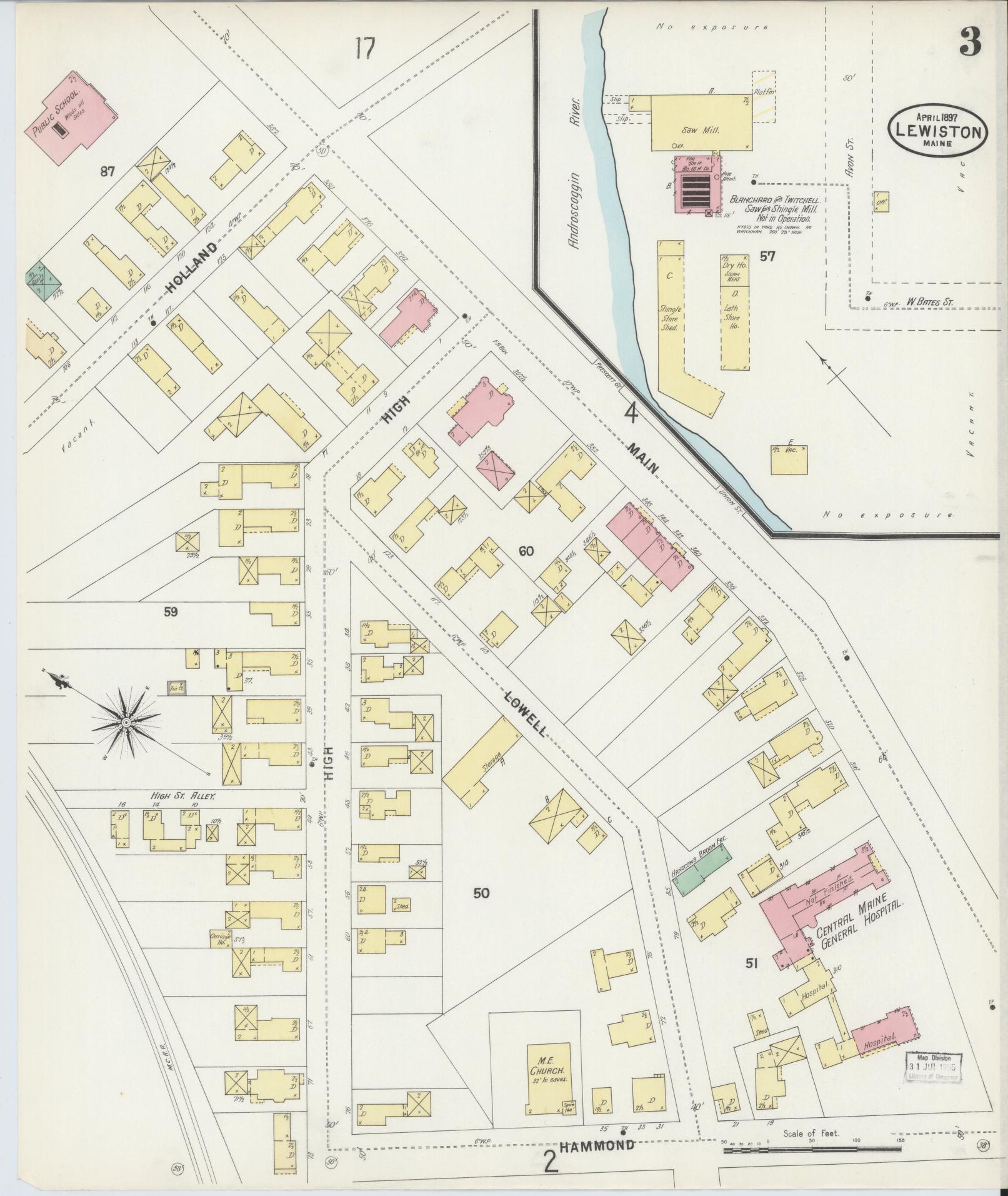 Sanborn Fire Insurance Map from Lewiston, Androscoggin County, Maine (1897), Sheet #0003 - Complete Map Set gallery image, historic Sanborn map, vintage wall art, Maine Maine