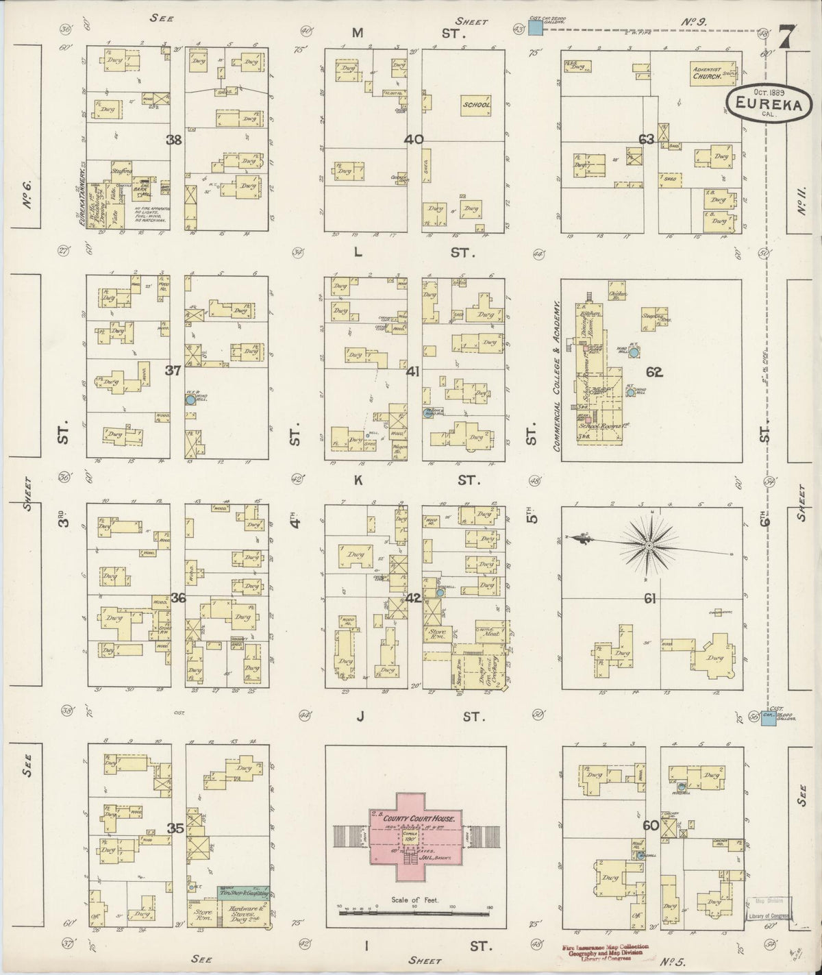 Sanborn Fire Insurance Map from Eureka, Humboldt County, California (1889), Sheet #0007 - Complete Map Set gallery image, historic Sanborn map, vintage wall art, California California
