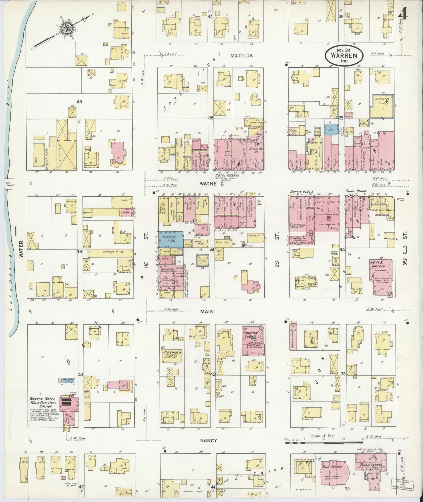 Sanborn Fire Insurance Map from Warren, Huntington County, Indiana (1911), Sheet #0004 - Complete Map Set gallery image, historic Sanborn map, vintage wall art, Indiana Indiana