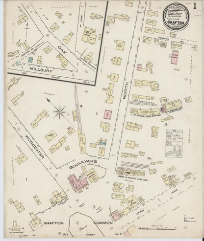 Sanborn Fire Insurance Map from Grafton, Worcester County, Massachusetts (1885), Sheet #0001 - Historic Sanborn Fire Insurance Map Print, vintage old map wall art, antique decor, genealogy gift, Massachusetts Massachusetts map