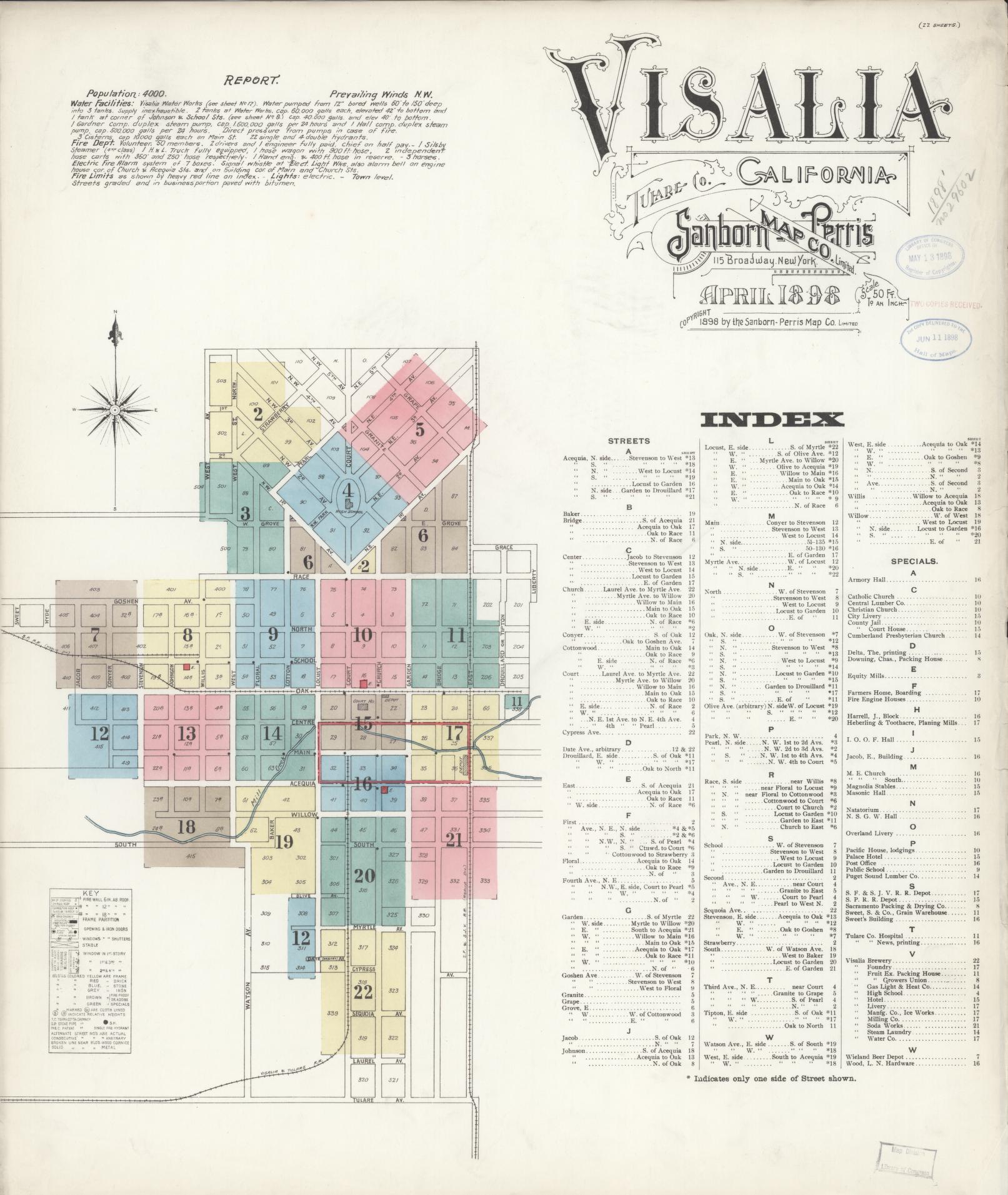 Sanborn Fire Insurance Map from Visalia, Tulare County, California (1898), Sheet #0001 - Complete Map Set gallery image, historic Sanborn map, vintage wall art, California California