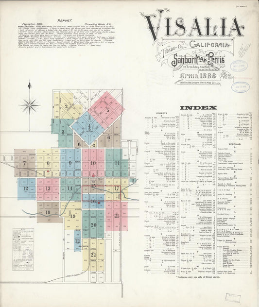 Sanborn Fire Insurance Map from Visalia, Tulare County, California (1898), Sheet #0001 - Complete Map Set gallery image, historic Sanborn map, vintage wall art, California California