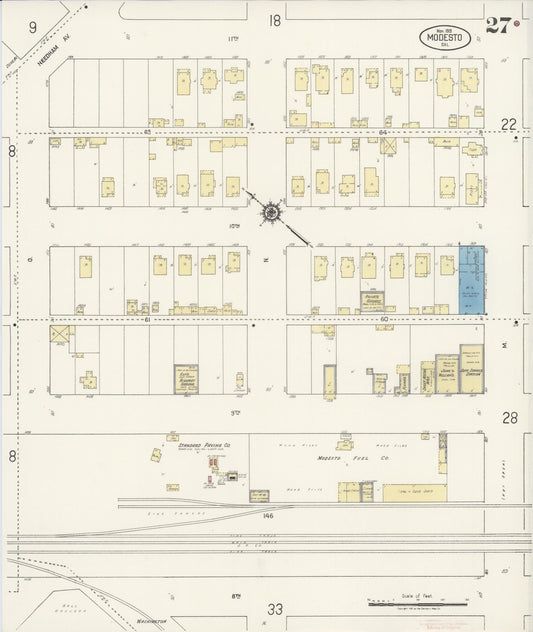 Sanborn Fire Insurance Map from Modesto, Stanislaus County, California (1919), Sheet #0027 - Historic Sanborn Fire Insurance Map Print, vintage old map wall art, antique decor, genealogy gift, California California map