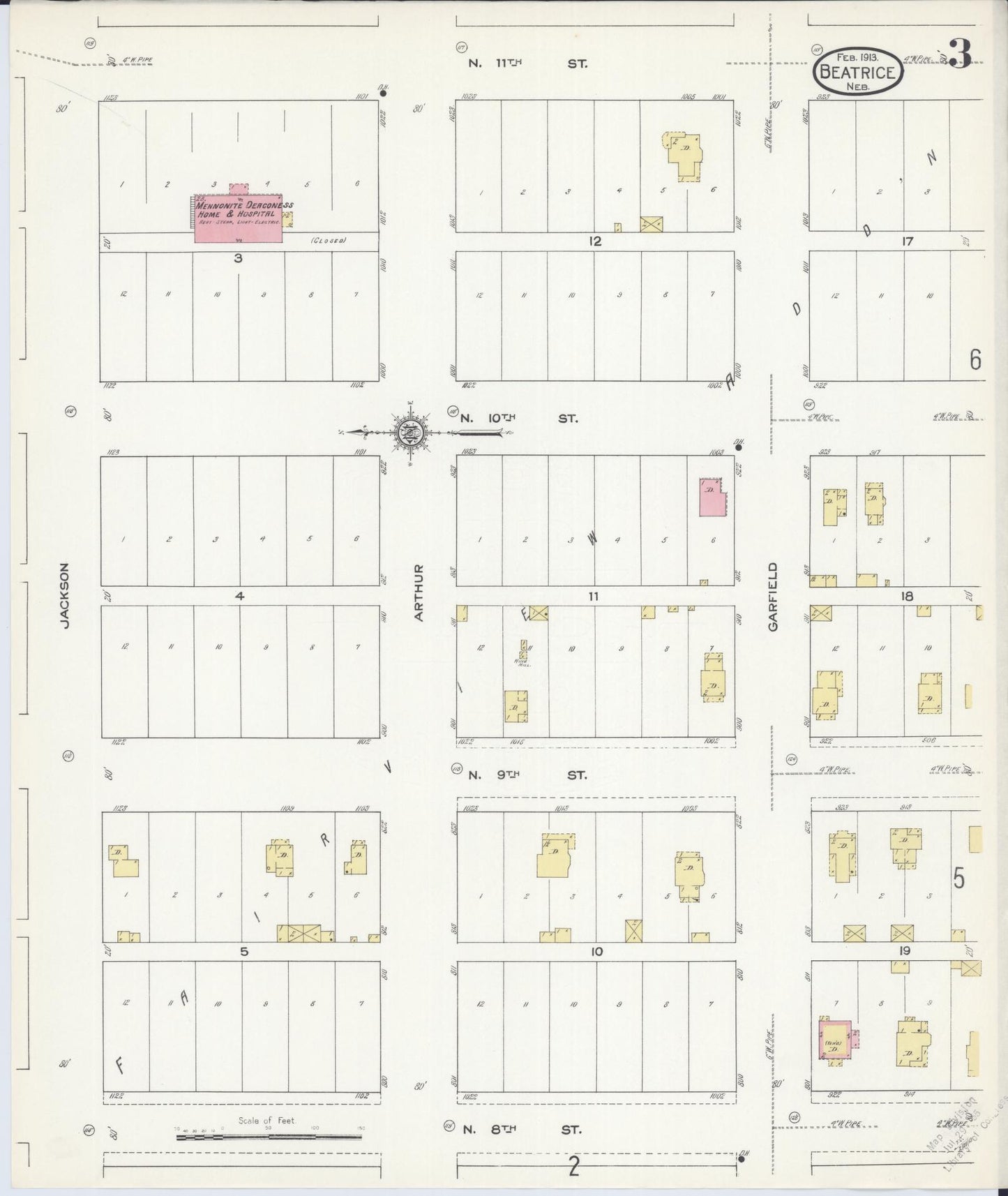 Sanborn Fire Insurance Map from Beatrice, Gage County, Nebraska (1913), Sheet #0003 - Complete Map Set gallery image, historic Sanborn map, vintage wall art, Nebraska Nebraska