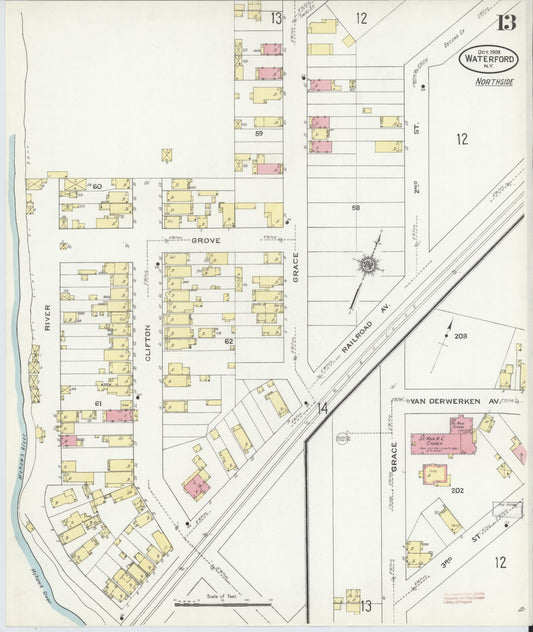 Sanborn Fire Insurance Map from Waterford, Saratoga County, New York (1909), Sheet #0013 - Historic Sanborn Fire Insurance Map Print, vintage old map wall art, antique decor, genealogy gift, New York New York map