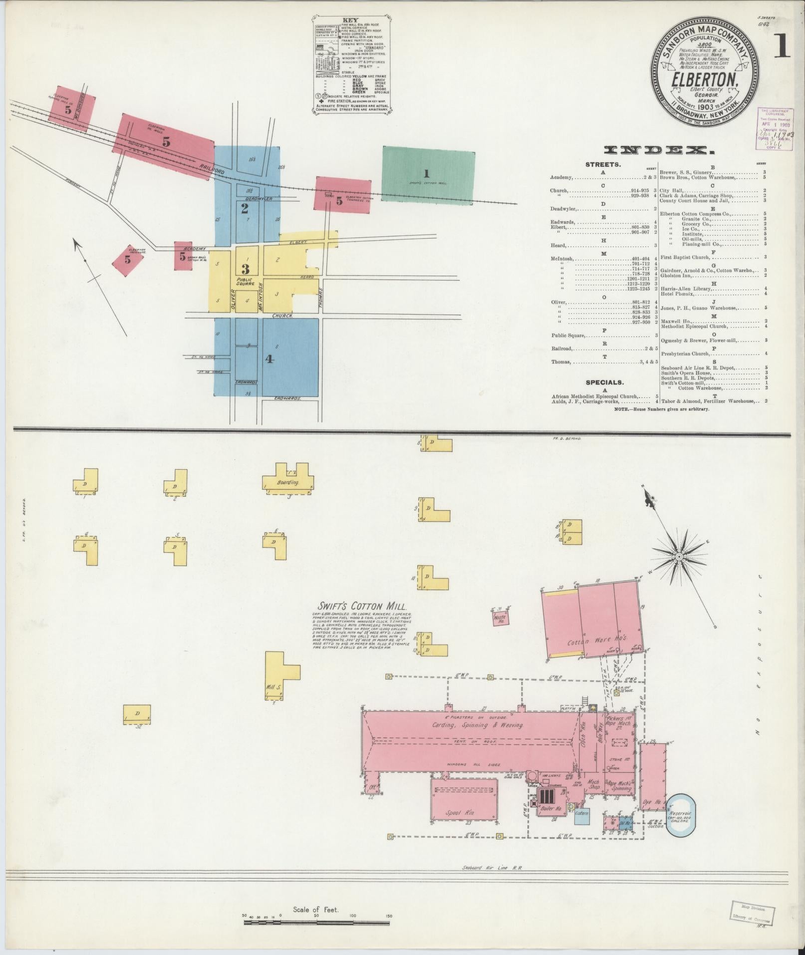 Sanborn Fire Insurance Map from Elberton, Elbert County, Georgia (1903), Sheet #0001 - Historic Sanborn Fire Insurance Map Print, vintage old map wall art, antique decor, genealogy gift, Georgia Georgia map