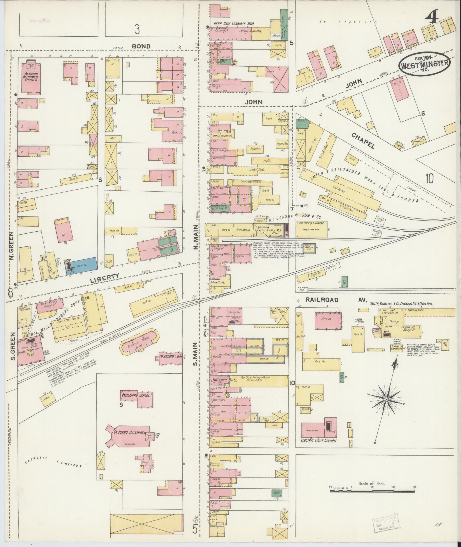 Sanborn Fire Insurance Map from Westminster, Carroll County, Maryland (1904), Sheet #0004 - Historic Sanborn Fire Insurance Map Print, vintage old map wall art