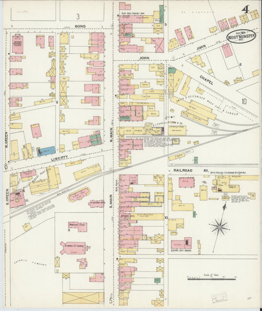Sanborn Fire Insurance Map from Westminster, Carroll County, Maryland (1904), Sheet #0004 - Historic Sanborn Fire Insurance Map Print, vintage old map wall art