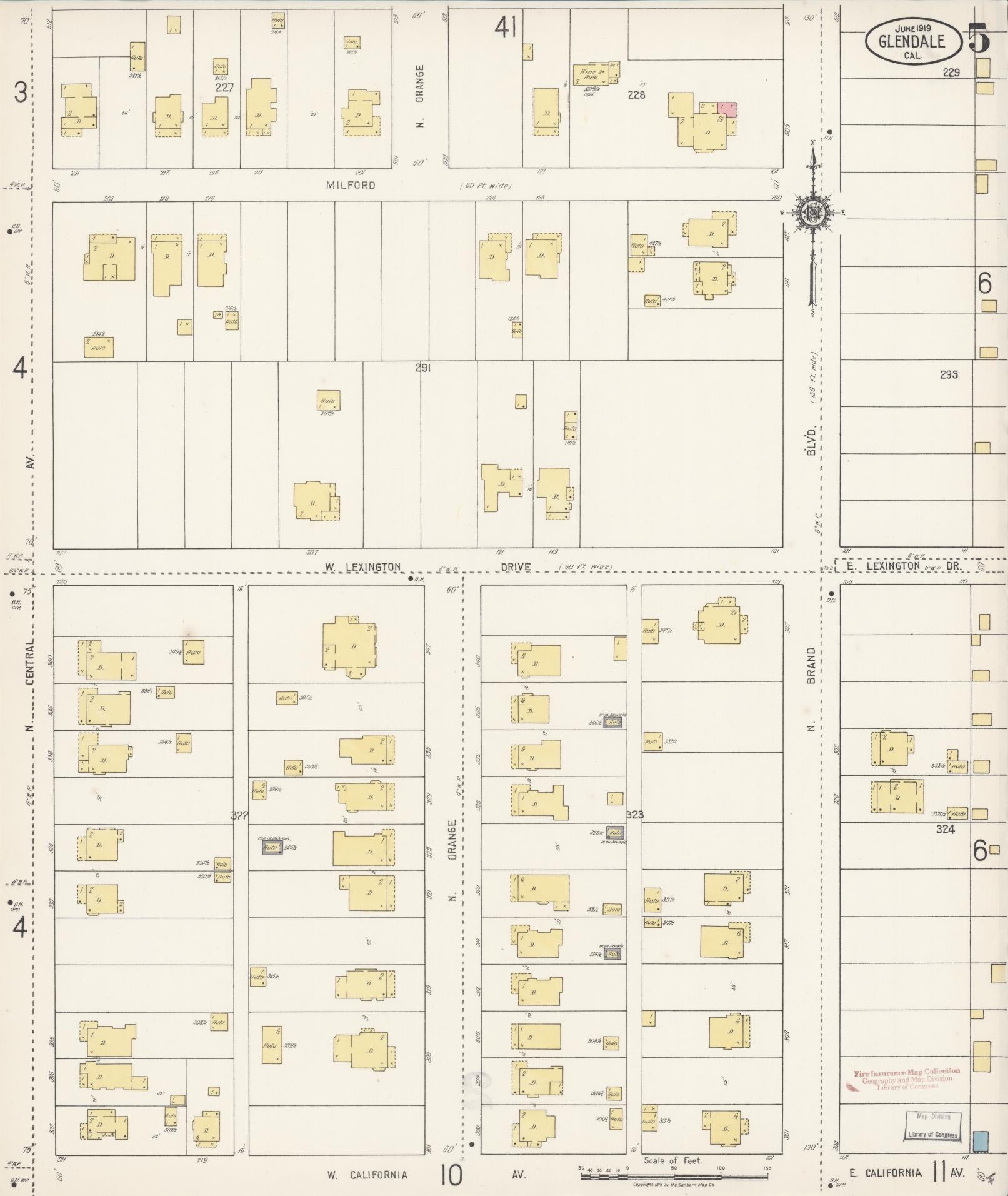Sanborn Fire Insurance Map from Glendale, Los Angeles County, California (1919), Sheet #0005 - Historic Sanborn Fire Insurance Map Print, vintage old map wall art, antique decor, genealogy gift, California California map
