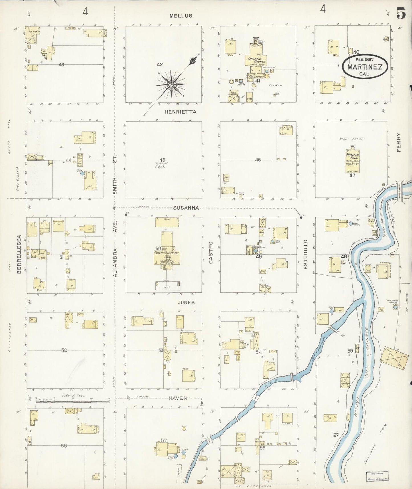Sanborn Fire Insurance Map from Martinez, Contra Costa County, California (1897), Sheet #0005 - Historic Sanborn Fire Insurance Map Print, vintage old map wall art, antique decor, genealogy gift, California California map