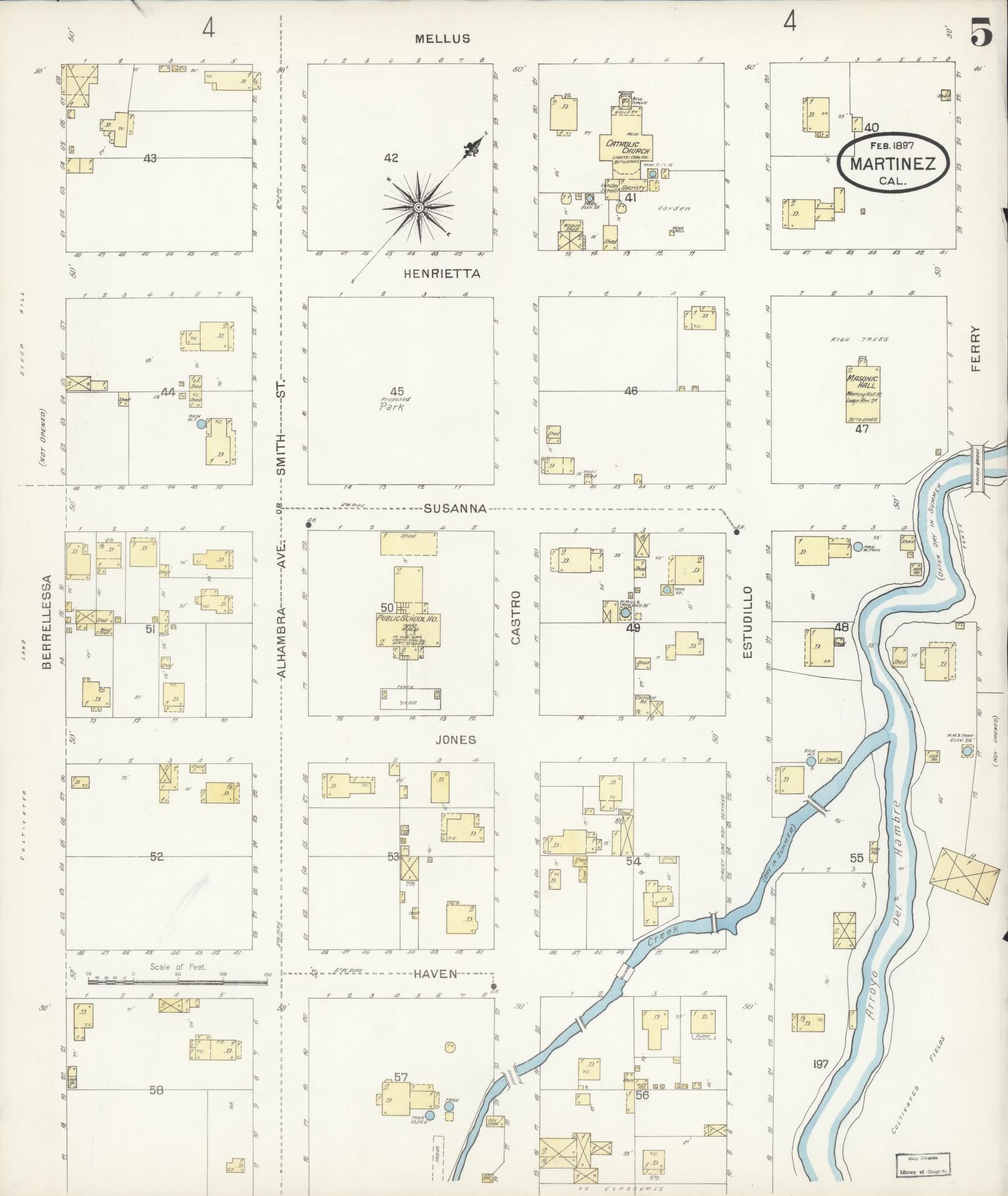 Sanborn Fire Insurance Map from Martinez, Contra Costa County, California (1897), Sheet #0005 - Historic Sanborn Fire Insurance Map Print, vintage old map wall art, antique decor, genealogy gift, California California map