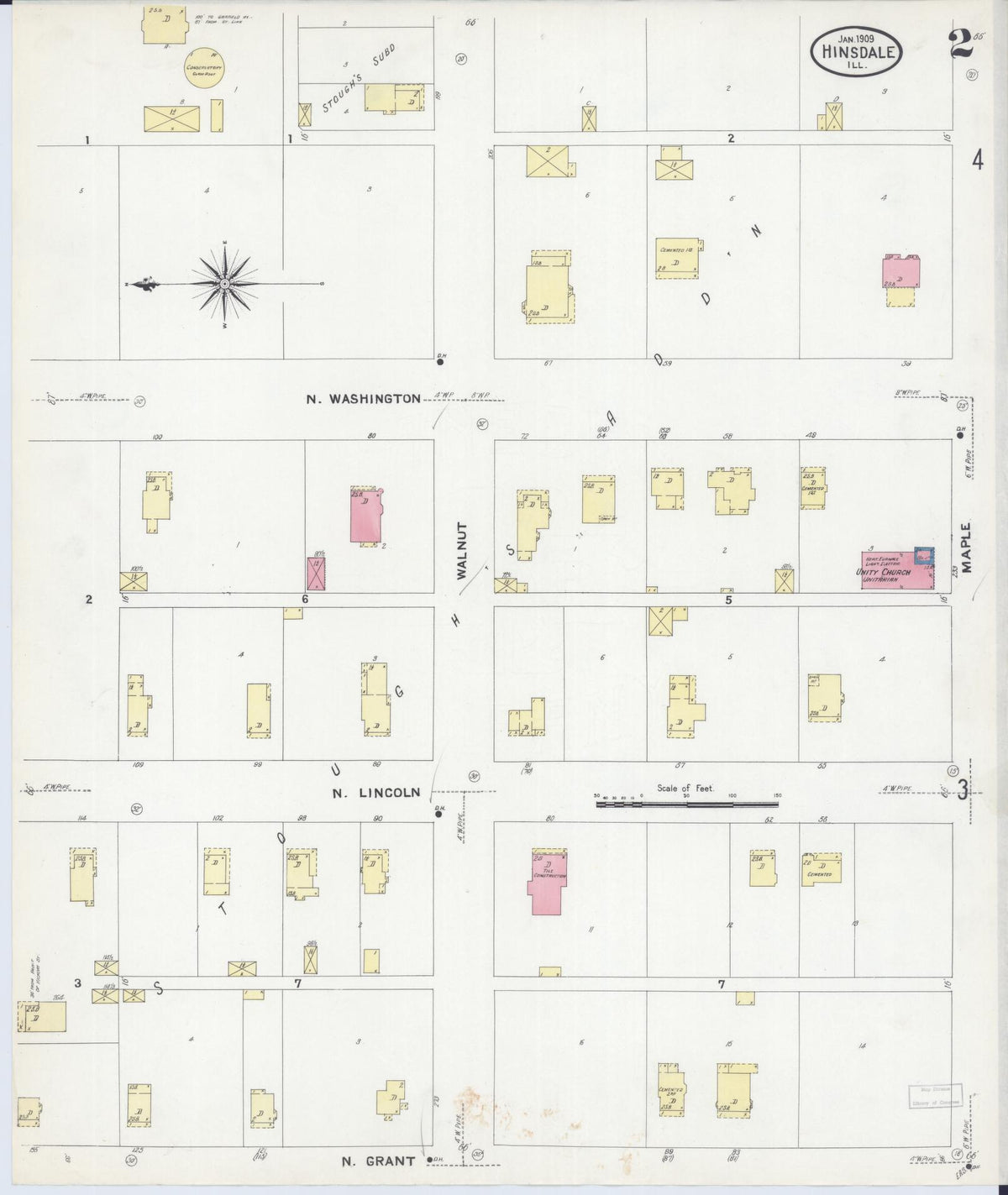 Sanborn Fire Insurance Map from Hinsdale, Du Page And Cook Counties, Illinois (1909), Sheet #0002 - Complete Map Set gallery image, historic Sanborn map, vintage wall art, Illinois Illinois