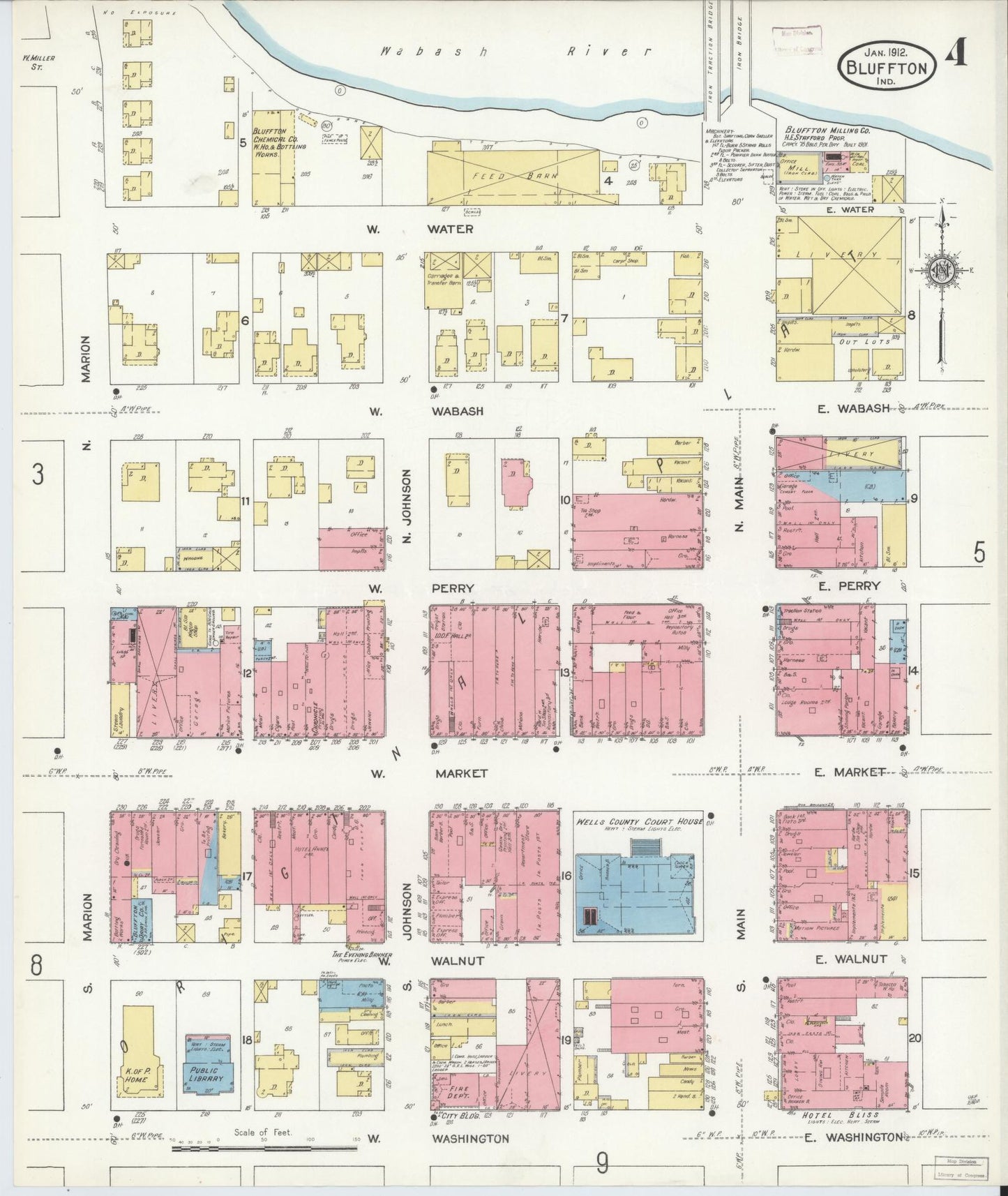 Sanborn Fire Insurance Map from Bluffton, Wells County, Indiana (1912), Sheet #0004 - Historic Sanborn Fire Insurance Map Print, vintage old map wall art, antique decor, genealogy gift, Indiana Indiana map