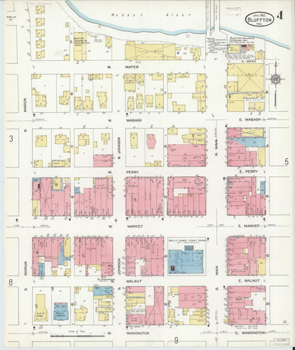 Sanborn Fire Insurance Map from Bluffton, Wells County, Indiana (1912), Sheet #0004 - Historic Sanborn Fire Insurance Map Print, vintage old map wall art, antique decor, genealogy gift, Indiana Indiana map