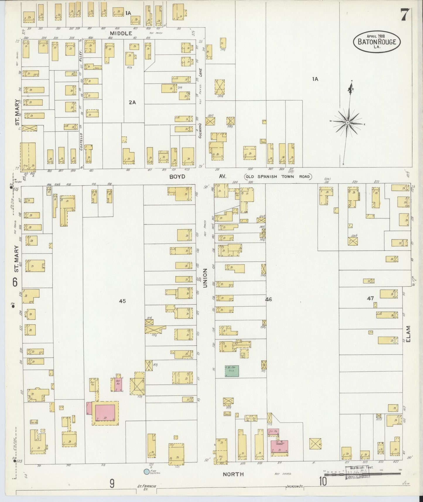 Sanborn Fire Insurance Map from Baton Rouge, East Baton Rouge Parish, Louisiana (1908), Sheet #0007 - Historic Sanborn Fire Insurance Map Print, vintage old map wall art, antique decor, genealogy gift, Louisiana Louisiana map