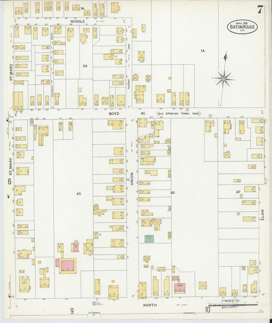 Sanborn Fire Insurance Map from Baton Rouge, East Baton Rouge Parish, Louisiana (1908), Sheet #0007 - Historic Sanborn Fire Insurance Map Print, vintage old map wall art, antique decor, genealogy gift, Louisiana Louisiana map