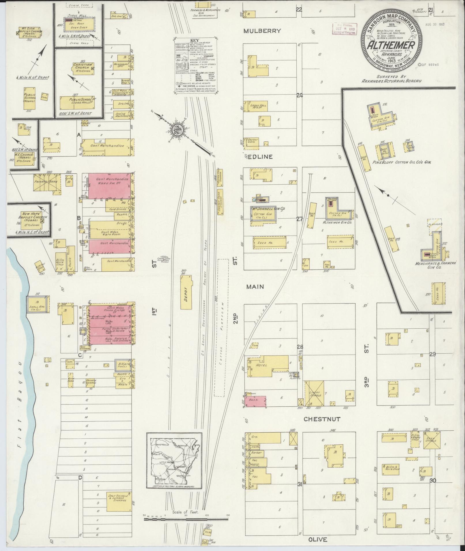 Sanborn Fire Insurance Map from Altheimer, Jefferson County, Arkansas (1913), Sheet #0001 - Historic Sanborn Fire Insurance Map Print, vintage old map wall art, antique decor, genealogy gift, Arkansas Arkansas map
