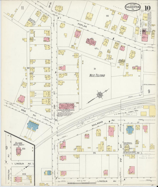 Sanborn Fire Insurance Map from Souderton, Montgomery County, Pennsylvania (1914), Sheet #0010 - Historic Sanborn Fire Insurance Map Print, vintage old map wall art, antique decor, genealogy gift, Pennsylvania Pennsylvania map