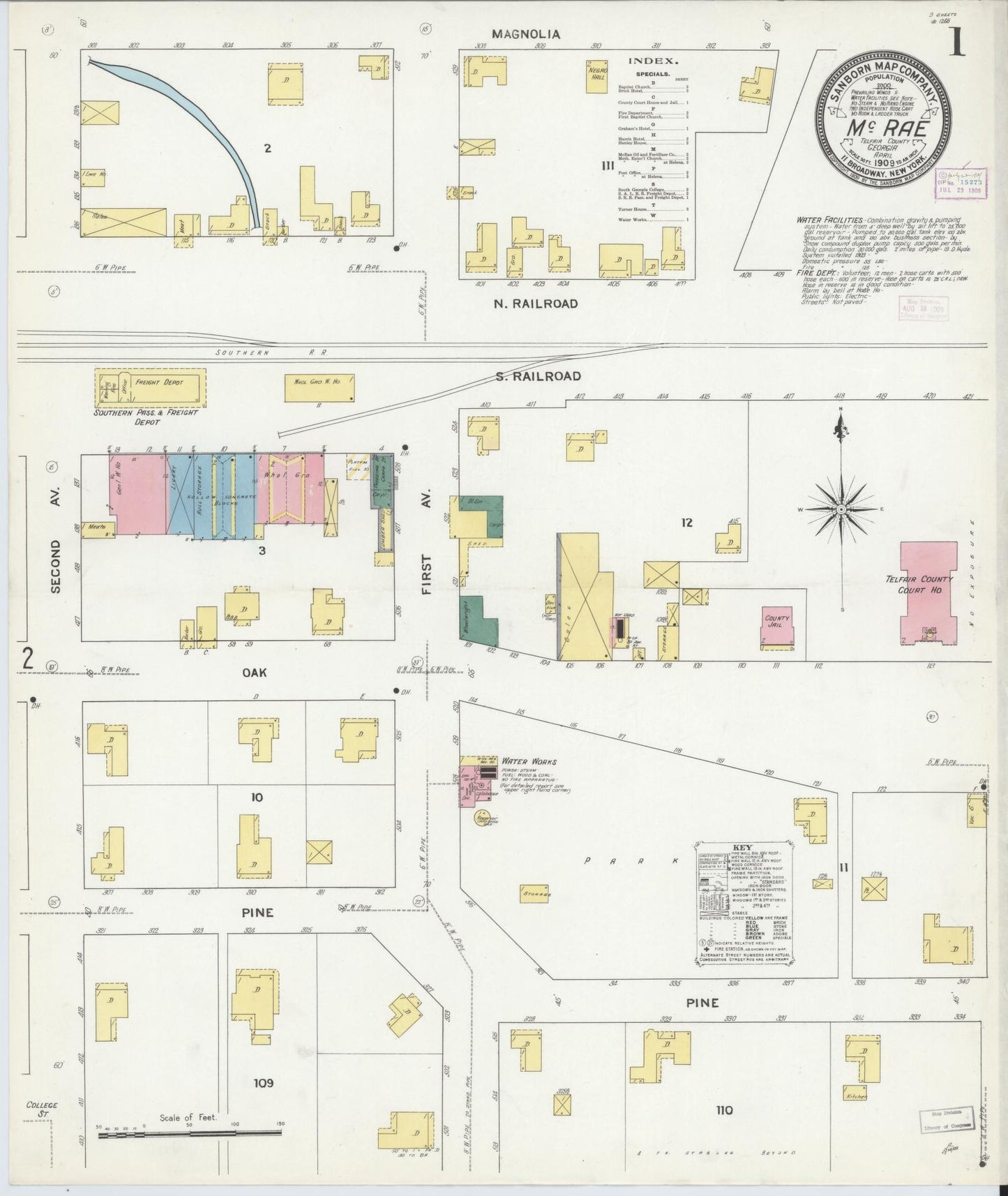Sanborn Fire Insurance Map from Mcrae, Telfair County, Georgia (1909), Sheet #0001 - Historic Sanborn Fire Insurance Map Print, vintage old map wall art, antique decor, genealogy gift, Georgia Georgia map