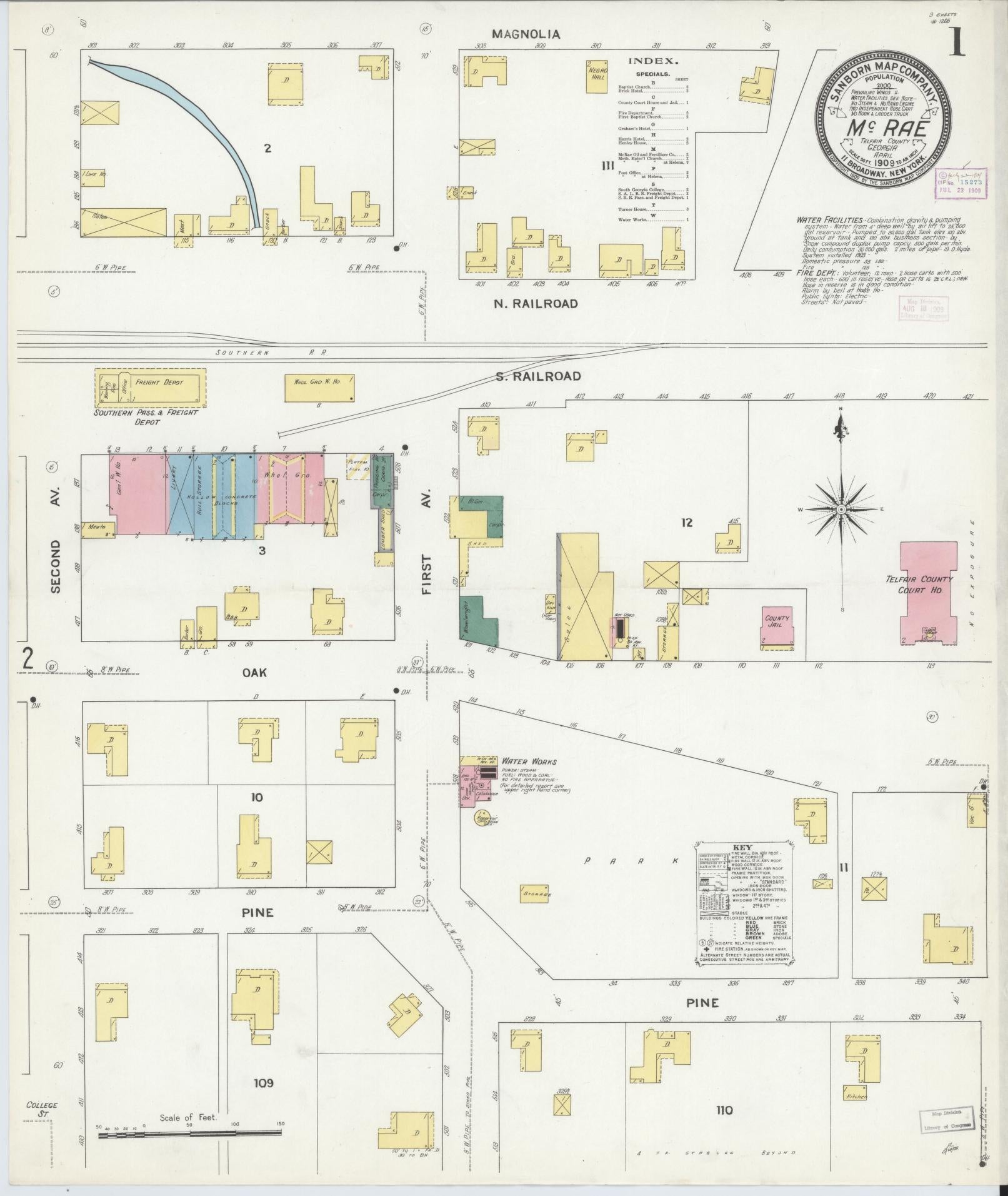 Sanborn Fire Insurance Map from Mcrae, Telfair County, Georgia (1909), Sheet #0001 - Historic Sanborn Fire Insurance Map Print, vintage old map wall art, antique decor, genealogy gift, Georgia Georgia map