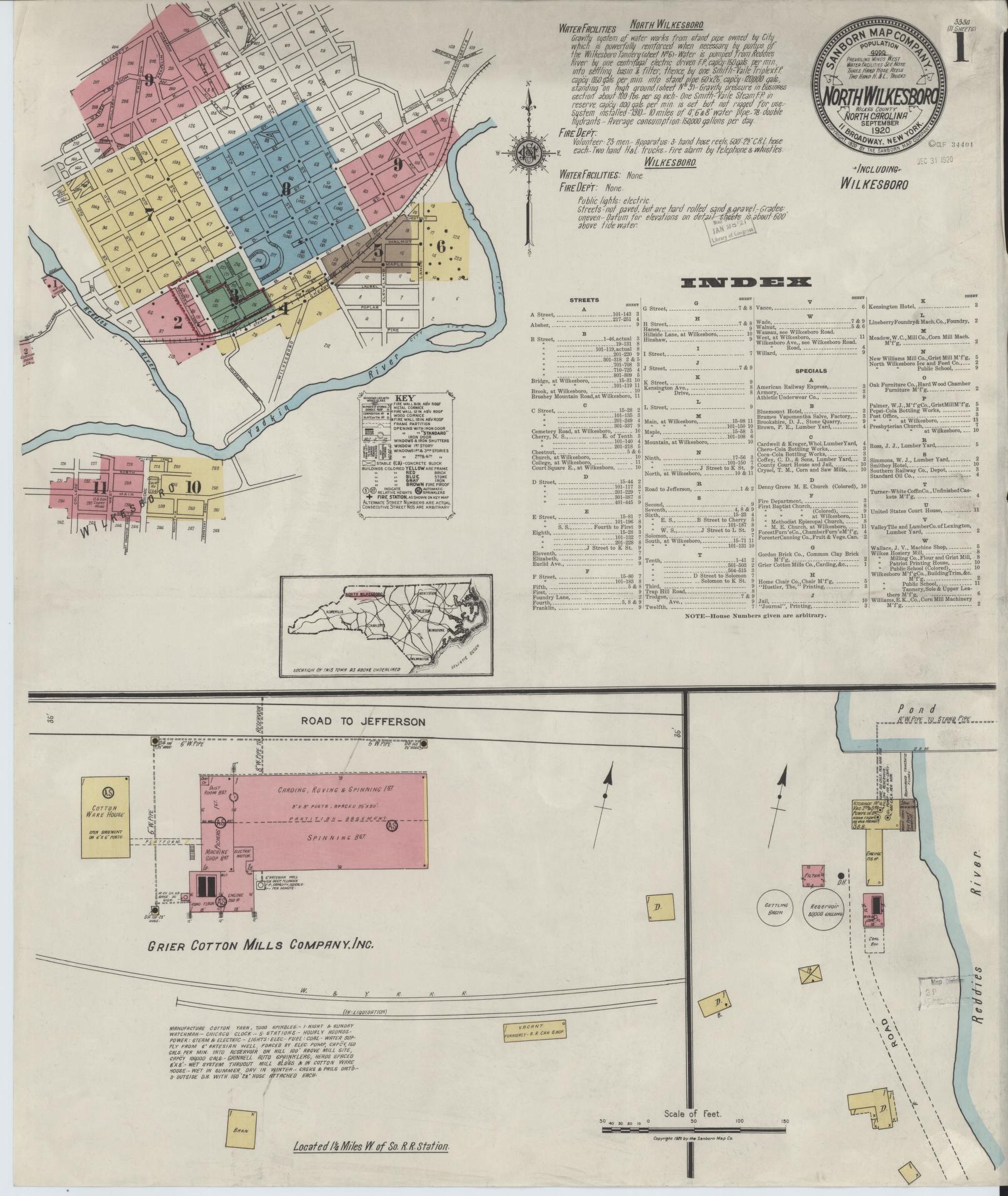 Sanborn Fire Insurance Map from North Wilkesboro, Wilkes County, North Carolina (1920), Sheet #0001 - Complete Map Set gallery image, historic Sanborn map, vintage wall art, North Carolina North Carolina