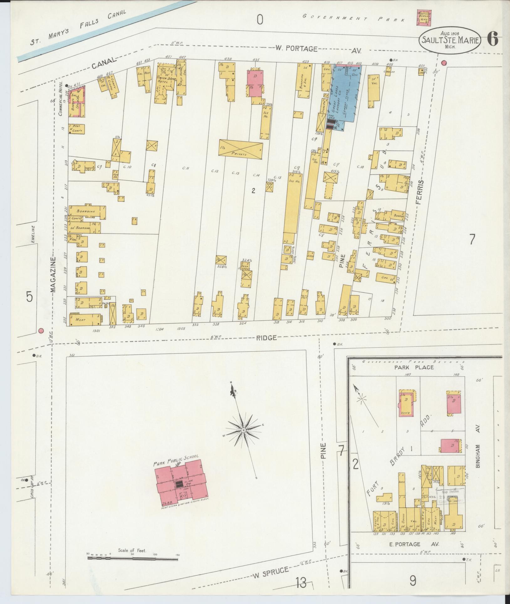 Sanborn Fire Insurance Map from Sault Sainte Marie, Chippewa County, Michigan (1906), Sheet #0006 - Complete Map Set gallery image, historic Sanborn map, vintage wall art, Michigan Michigan