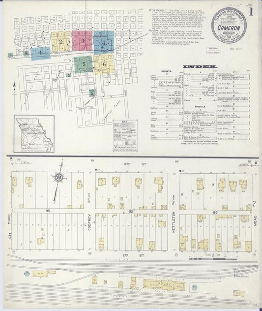 Sanborn Fire Insurance Map from Cameron, Clinton County, Missouri (1913), Sheet #0001 - Historic Sanborn Fire Insurance Map Print, vintage old map wall art, antique decor, genealogy gift, Missouri Missouri map