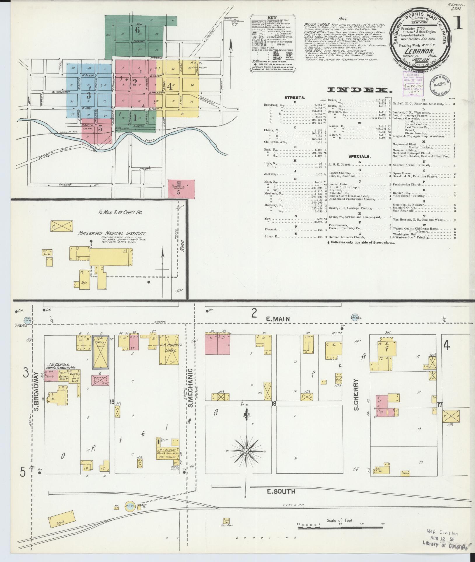Sanborn Fire Insurance Map from Lebanon, Warren County, Ohio (1901), Sheet #0001 - Historic Sanborn Fire Insurance Map Print, vintage old map wall art, antique decor, genealogy gift, Ohio Ohio map