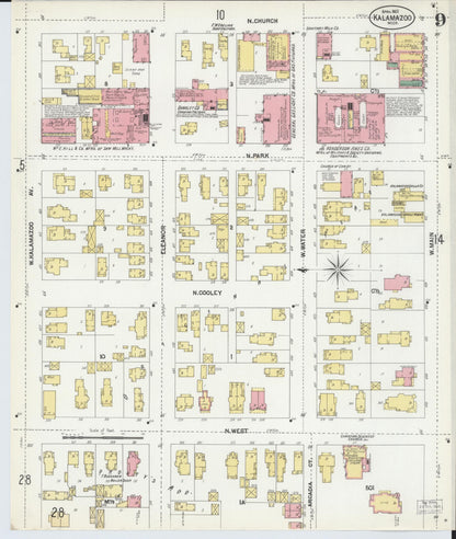 Sanborn Fire Insurance Map from Kalamazoo, Kalamazoo County, Michigan (1902), Sheet #0009 - Historic Sanborn Fire Insurance Map Print, vintage old map wall art, antique decor, genealogy gift, Michigan Michigan map