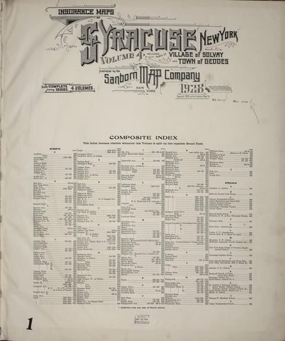 Sanborn Fire Insurance Map from Syracuse, Onondage County, New York (1928), Sheet #0001 - Historic Sanborn Fire Insurance Map Print, vintage old map wall art, antique decor, genealogy gift, New York New York map