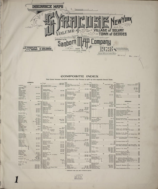 Sanborn Fire Insurance Map from Syracuse, Onondage County, New York (1928), Sheet #0001 - Historic Sanborn Fire Insurance Map Print, vintage old map wall art, antique decor, genealogy gift, New York New York map