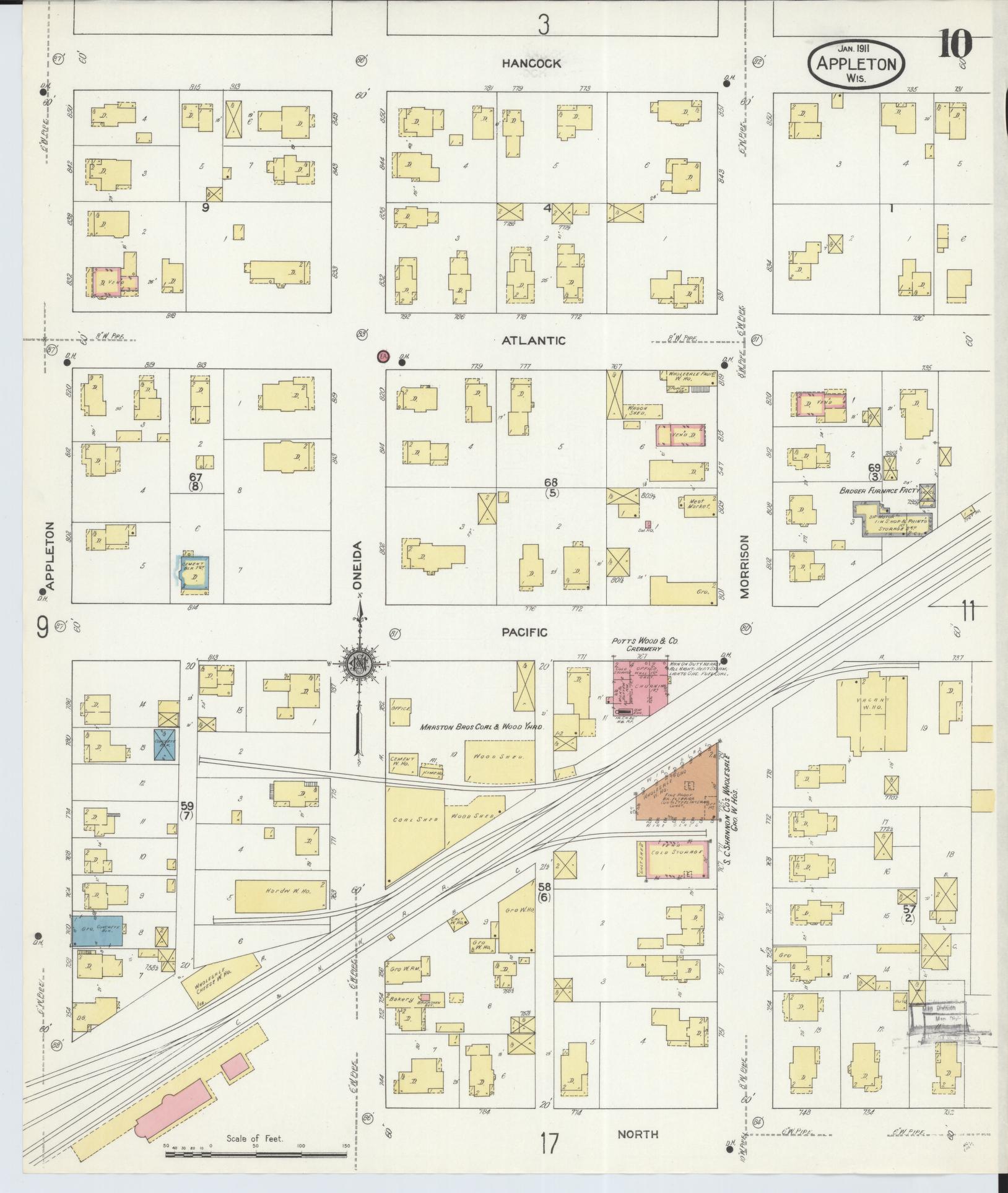 Sanborn Fire Insurance Map from Appleton, Outagamie County, Wisconsin (1911), Sheet #0010 - Historic Sanborn Fire Insurance Map Print, vintage old map wall art, antique decor, genealogy gift, Wisconsin Wisconsin map