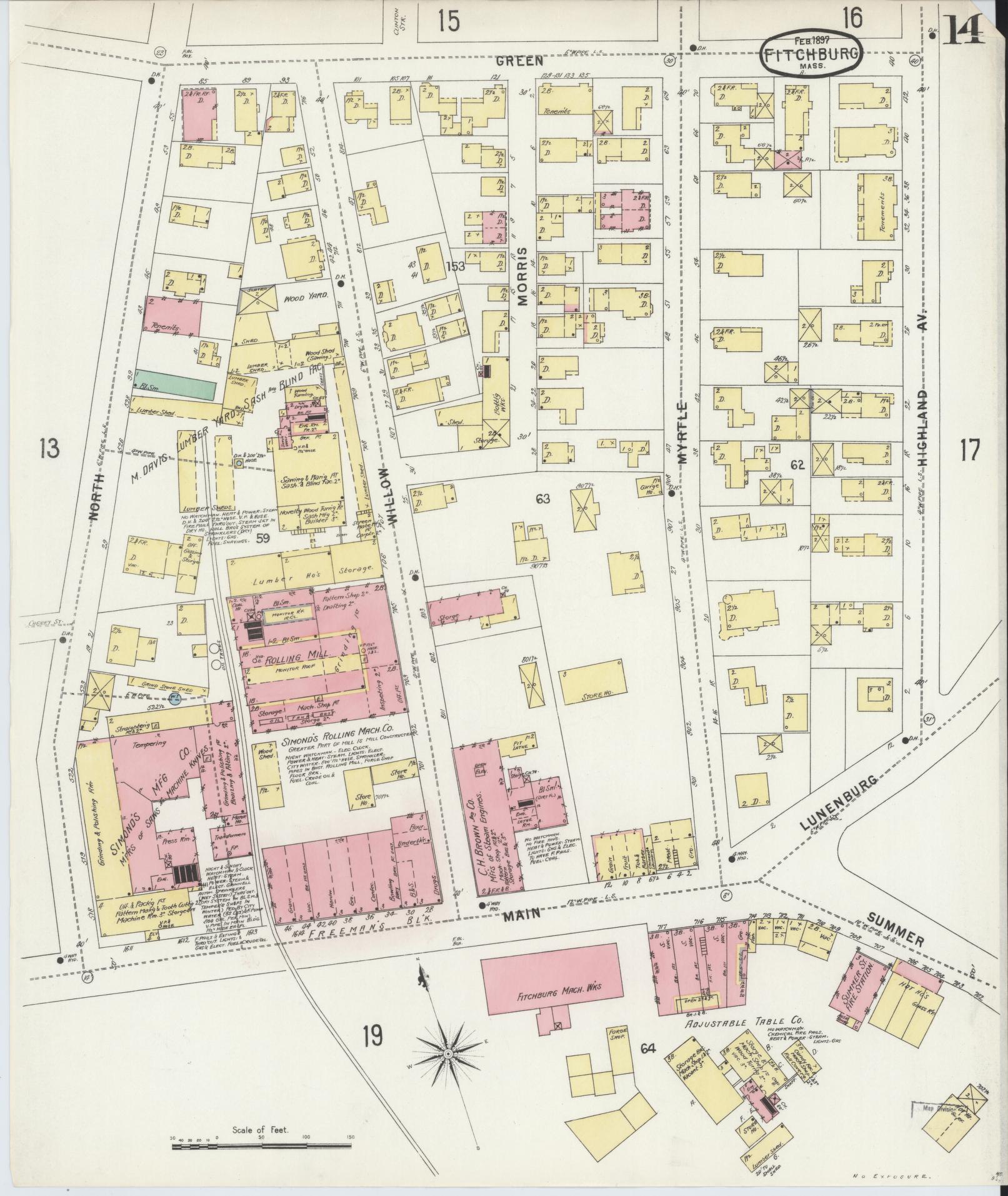 Sanborn Fire Insurance Map from Fitchburg, Worcester County, Massachusetts (1897), Sheet #0014 - Historic Sanborn Fire Insurance Map Print, vintage old map wall art, antique decor, genealogy gift, Massachusetts Massachusetts map