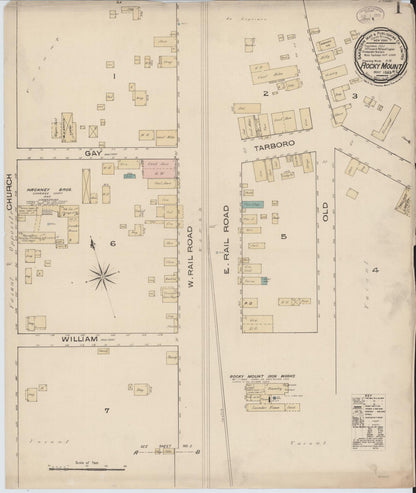 Sanborn Fire Insurance Map from Rocky Mount, Edgecombe And Nash Counties, North Carolina (1885), Sheet #0001 - Complete Map Set gallery image, historic Sanborn map, vintage wall art, North Carolina North Carolina