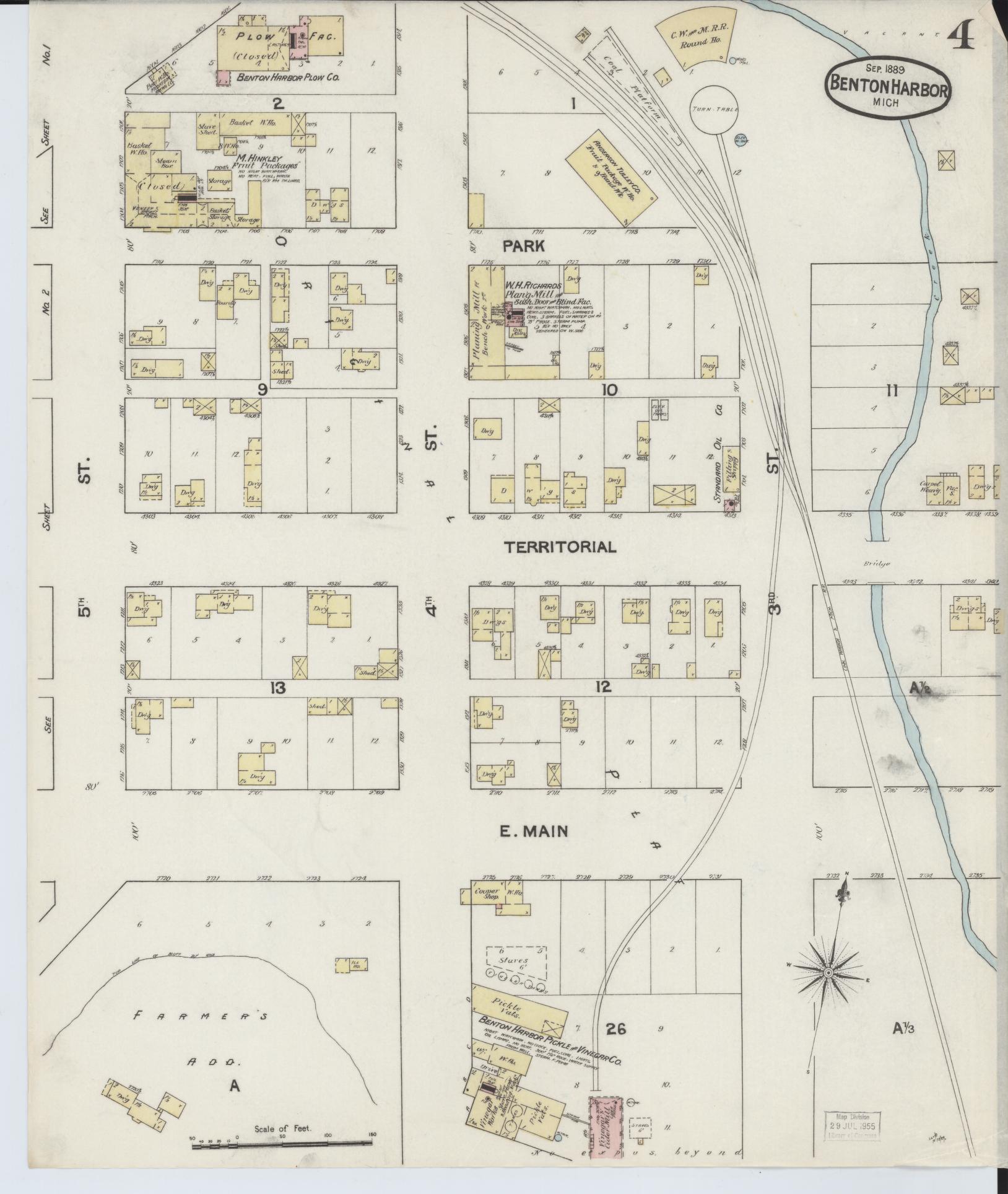 Sanborn Fire Insurance Map from Benton Harbor, Berrien County, Michigan (1889), Sheet #0004 - Historic Sanborn Fire Insurance Map Print, vintage old map wall art, antique decor, genealogy gift, Michigan Michigan map