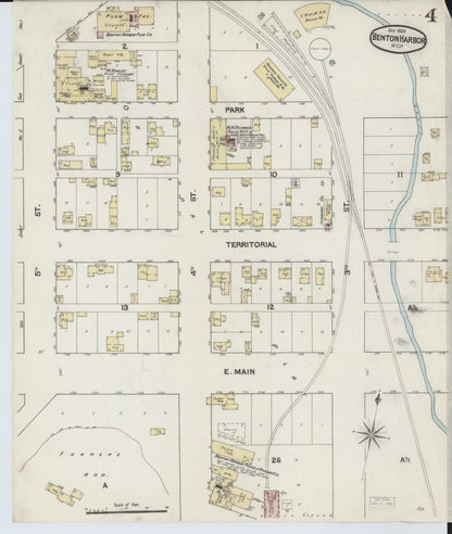 Sanborn Fire Insurance Map from Benton Harbor, Berrien County, Michigan (1889), Sheet #0004 - Historic Sanborn Fire Insurance Map Print, vintage old map wall art, antique decor, genealogy gift, Michigan Michigan map