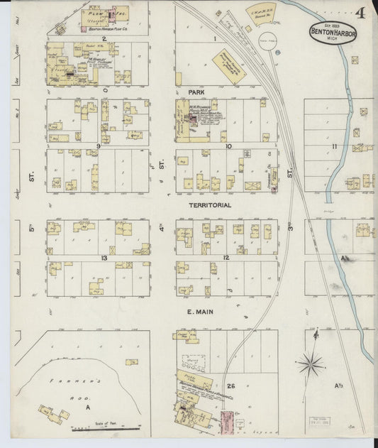 Sanborn Fire Insurance Map from Benton Harbor, Berrien County, Michigan (1889), Sheet #0004 - Historic Sanborn Fire Insurance Map Print, vintage old map wall art, antique decor, genealogy gift, Michigan Michigan map