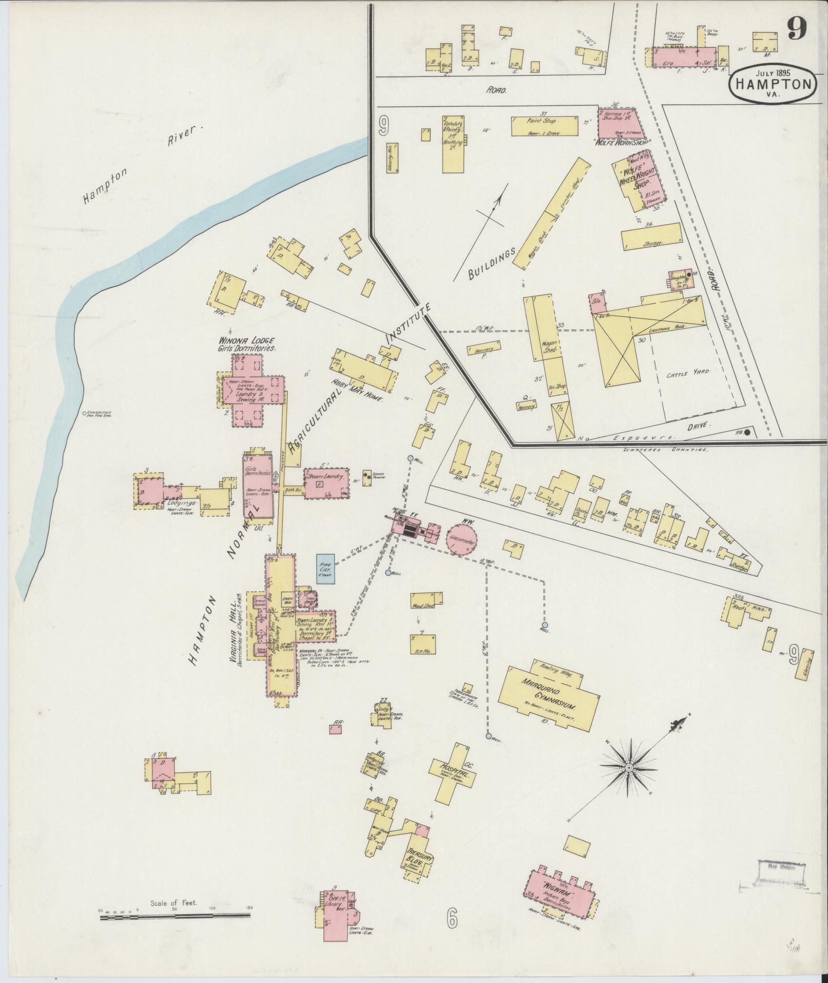 Sanborn Fire Insurance Map from Hampton, Independent Cities, Virginia (1895), Sheet #0009 - Complete Map Set gallery image, historic Sanborn map, vintage wall art, Virginia Virginia