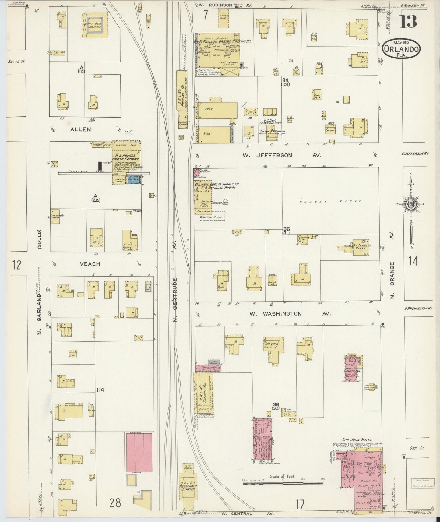 Sanborn Fire Insurance Map from Orlando, Orange County, Florida (1913), Sheet #0013 - Historic Sanborn Fire Insurance Map Print, vintage old map wall art, antique decor, genealogy gift, Florida Florida map