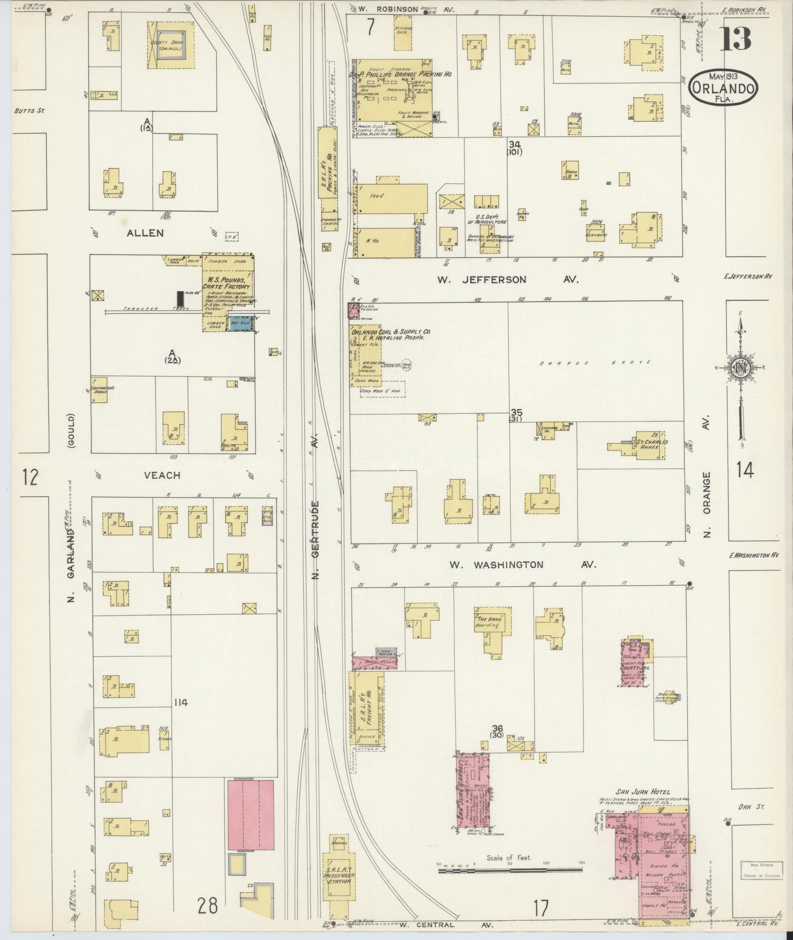Sanborn Fire Insurance Map from Orlando, Orange County, Florida (1913), Sheet #0013 - Historic Sanborn Fire Insurance Map Print, vintage old map wall art, antique decor, genealogy gift, Florida Florida map
