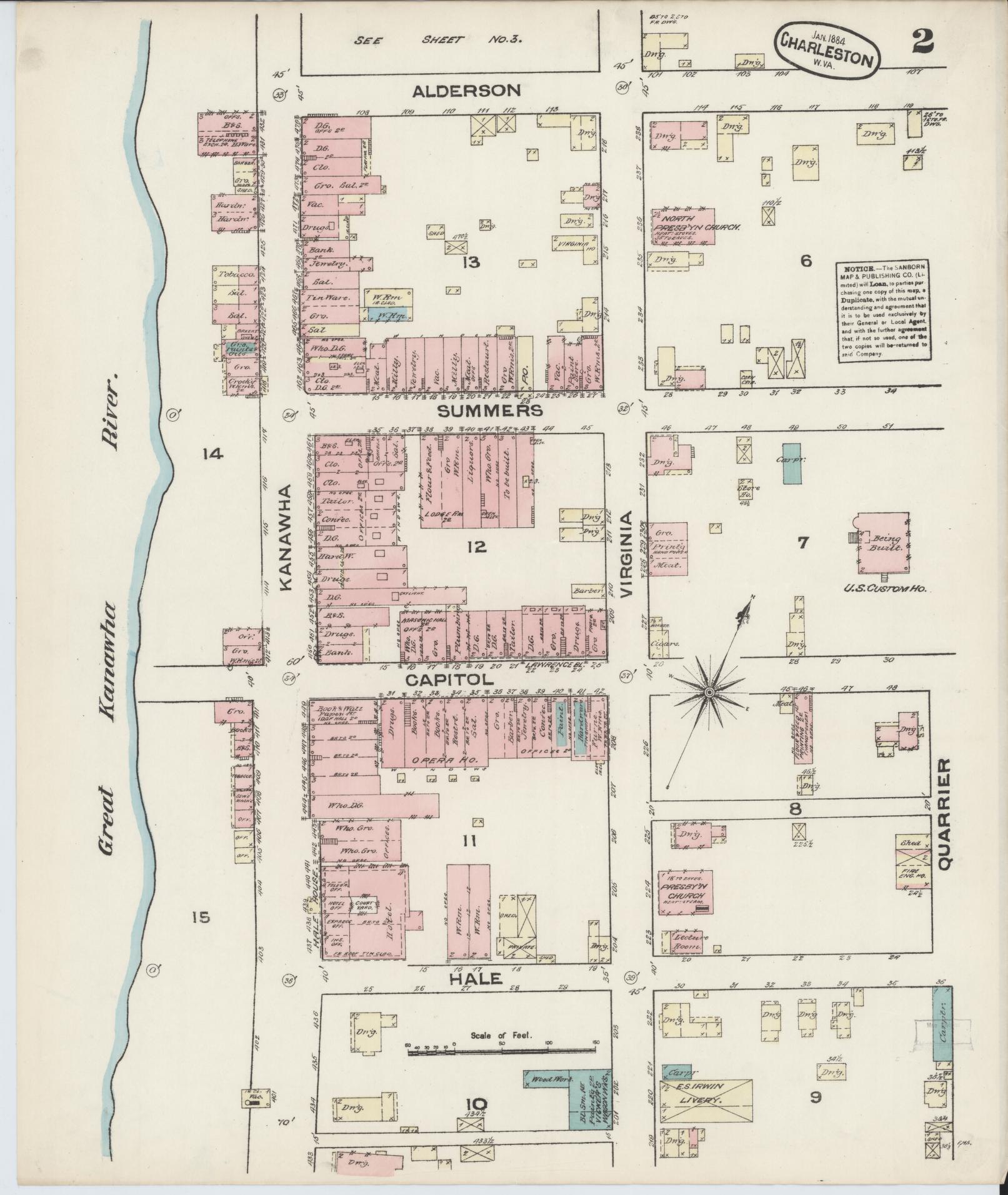 Sanborn Fire Insurance Map from Charleston, Kanawha County, West Virginia (1884), Sheet #0002 - Complete Map Set gallery image, historic Sanborn map, vintage wall art, West Virginia West Virginia